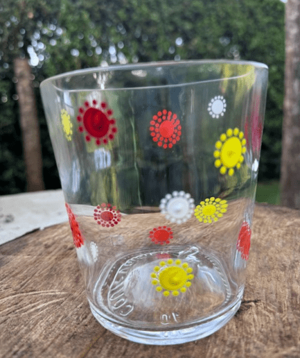Wide Clear Glass vase set with red yellow orange detail