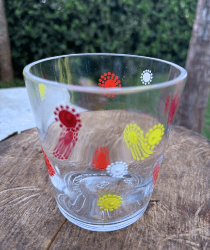 Wide Clear Glass vase set with red yellow orange detail