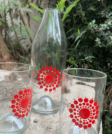Clear glass red and white vase and tumbler set