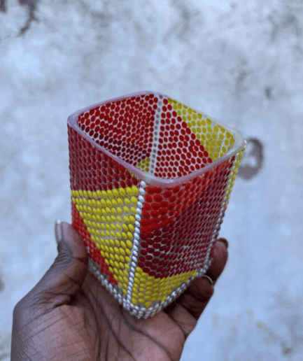 Clear Square Pen Holder with red yellow orange detail