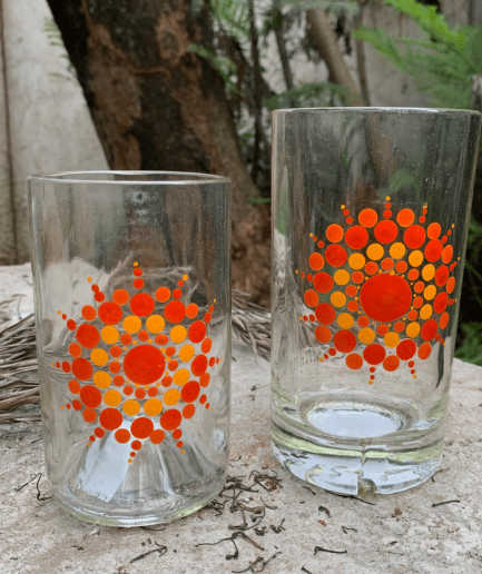 Cadmium and light orange clear glass vase set