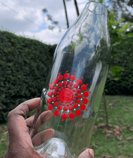 Clear glass red and white vase and tumbler set