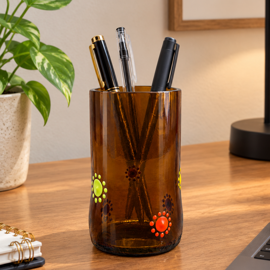 Brown drinking tumblers with bamboo, orange and cardimum yellow dots