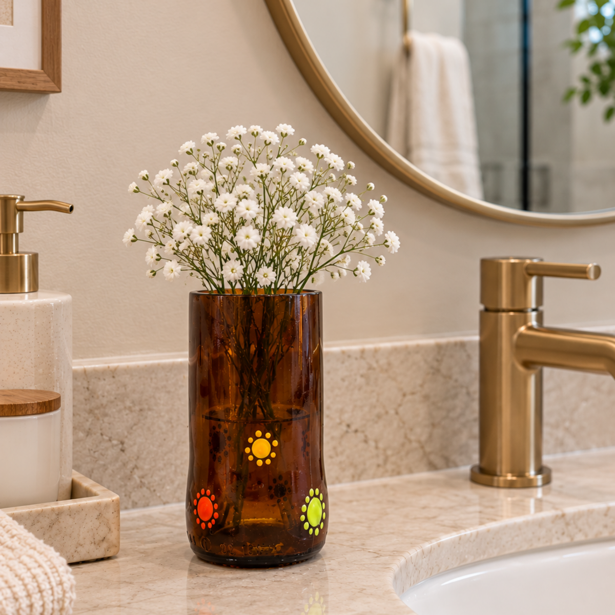 Brown drinking tumblers with bamboo, orange and cardimum yellow dots