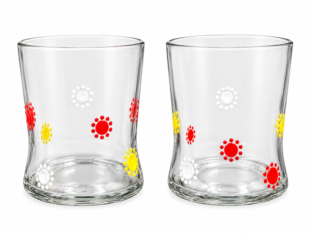 Clear Drinking Glass set with red yellow orange detail