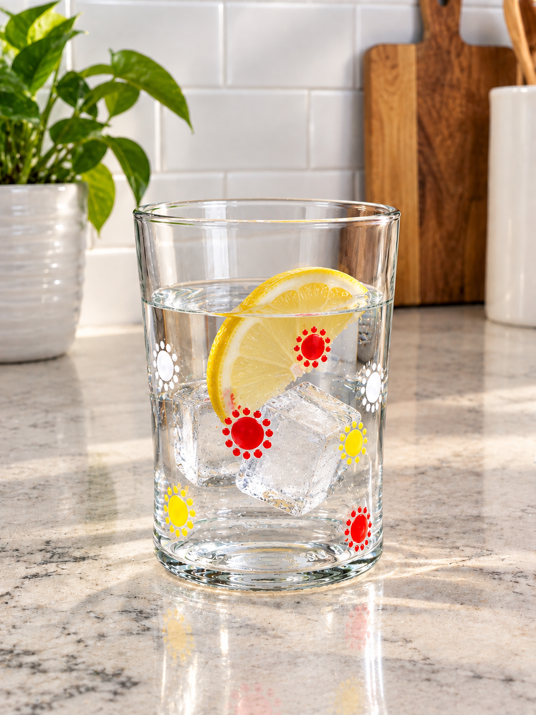 Clear Drinking Glass set with red yellow orange detail