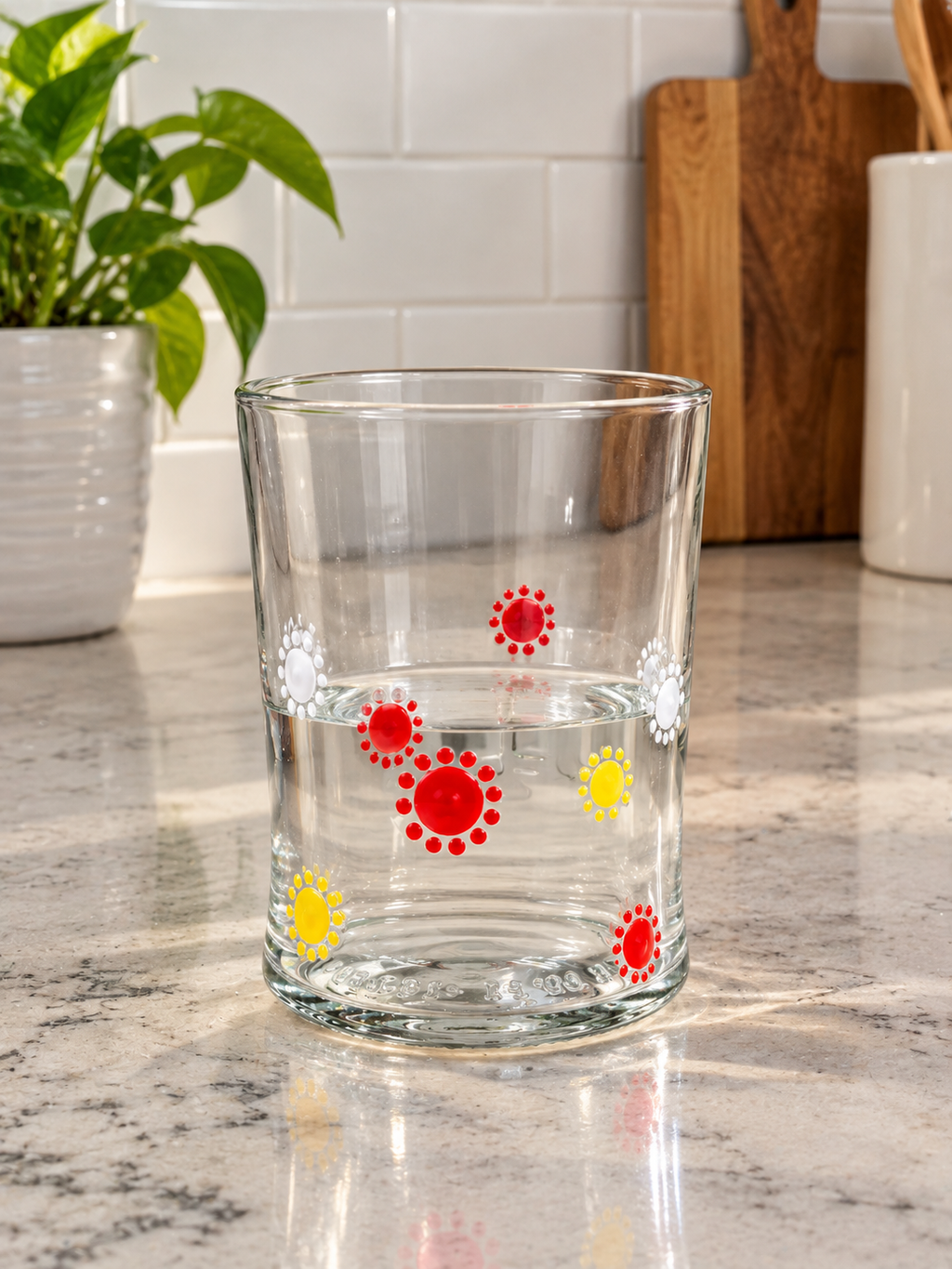 Clear Drinking Glass set with red yellow orange detail