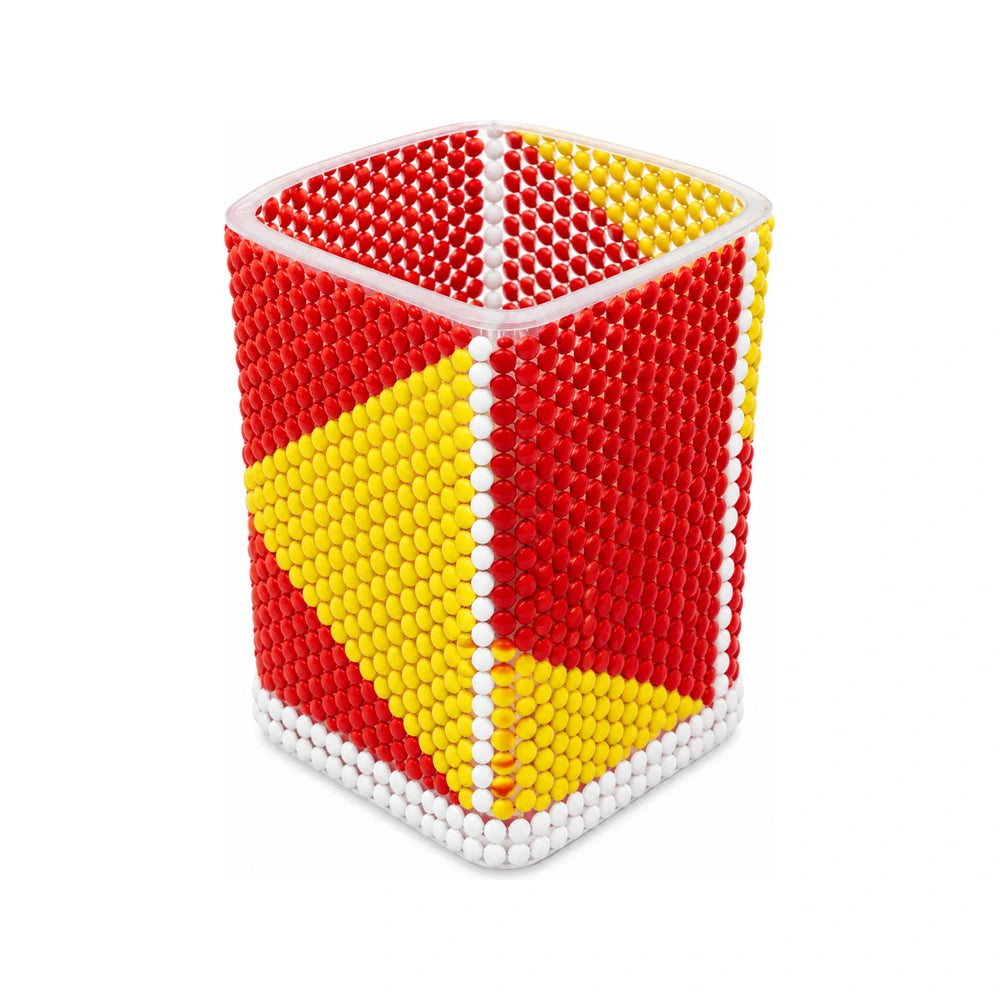 Clear Square Pen Holder with red yellow orange detail
