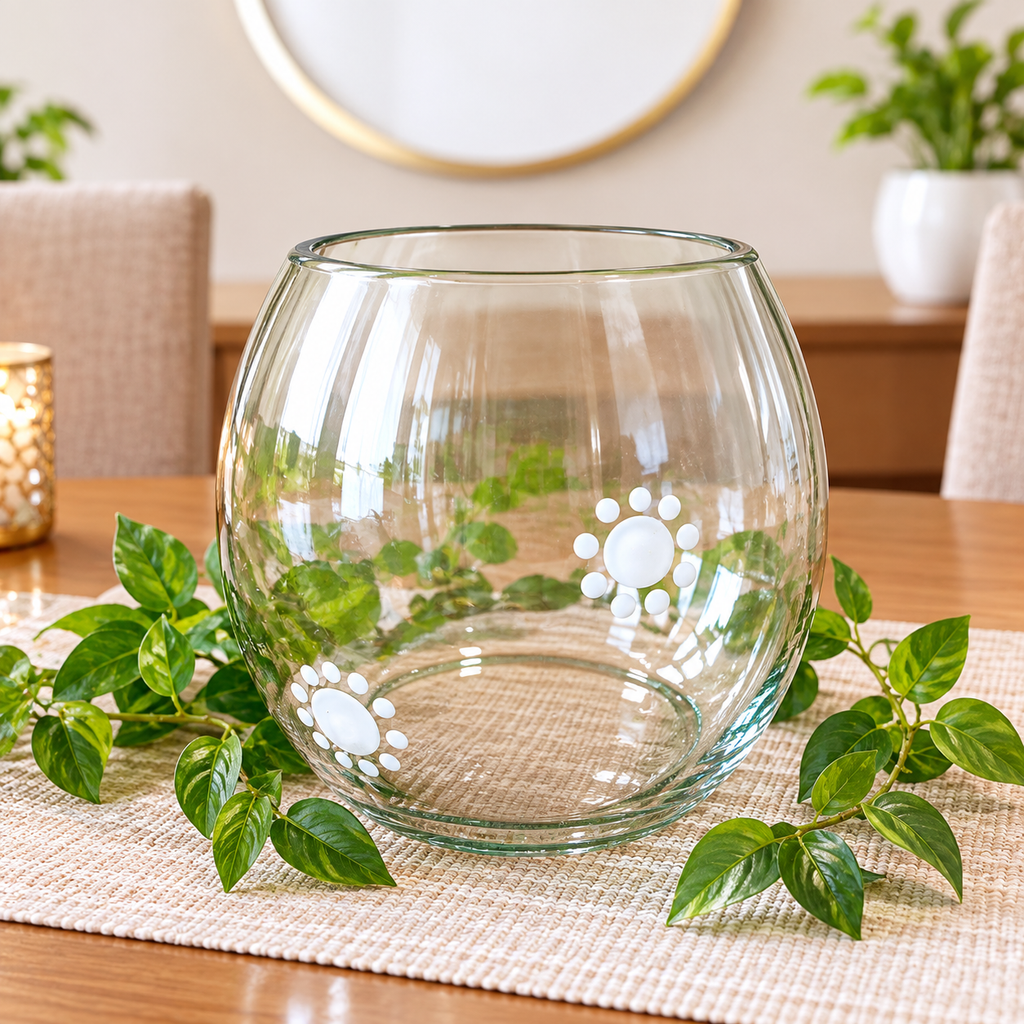 Clear bowl with white floral dots