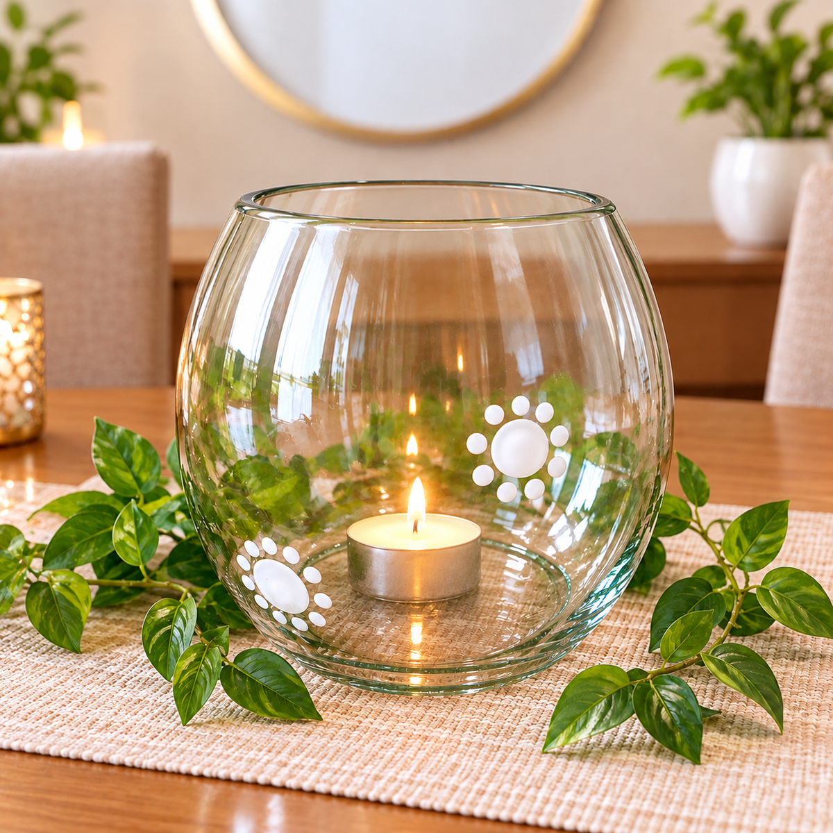 Clear bowl with white floral dots