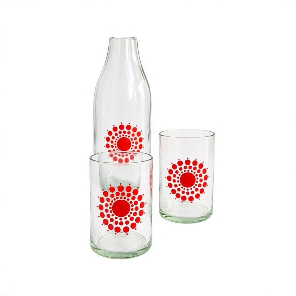 Clear glass red and white vase and tumbler set