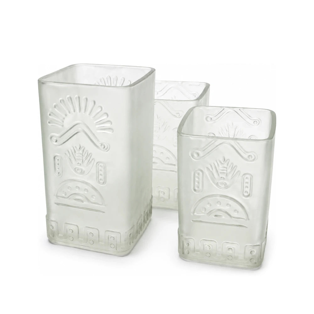 Frosted Olmeca square glass vase and 2 drinking tumblers
