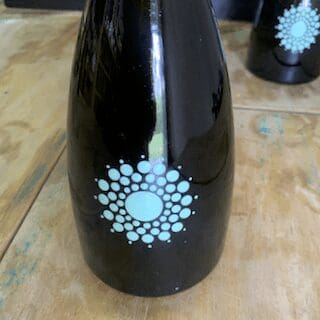 Tear drop olive green flower vase with sea green circle print
