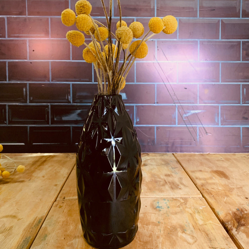 Textured large diamond black glass vase