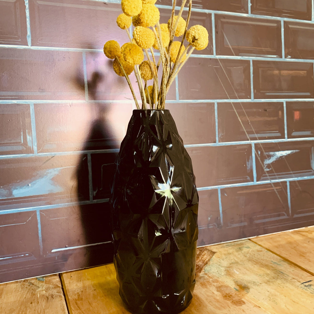 Textured large diamond black glass vase