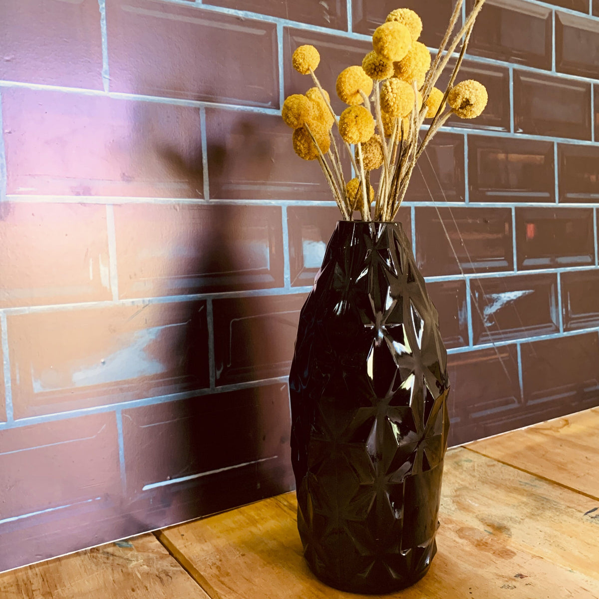 Textured large diamond black glass vase
