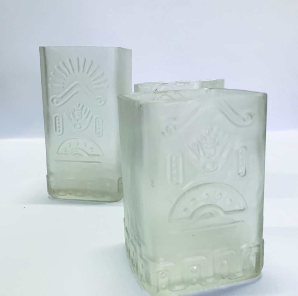 Frosted Olmeca square glass vase and 2 drinking tumblers