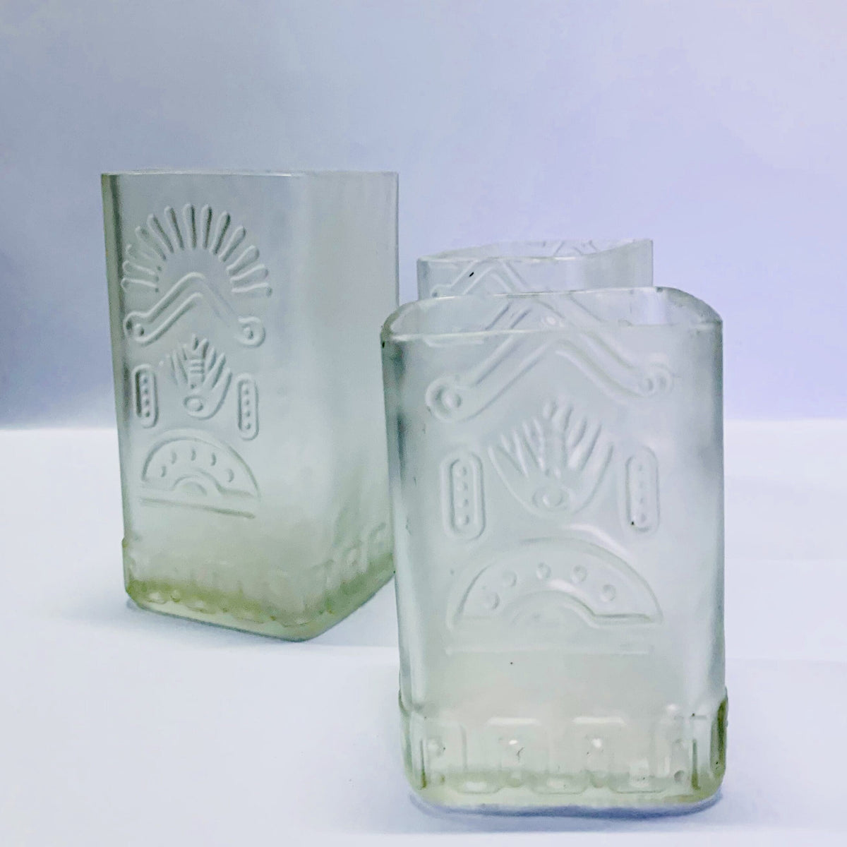 Frosted Olmeca square glass vase and 2 drinking tumblers