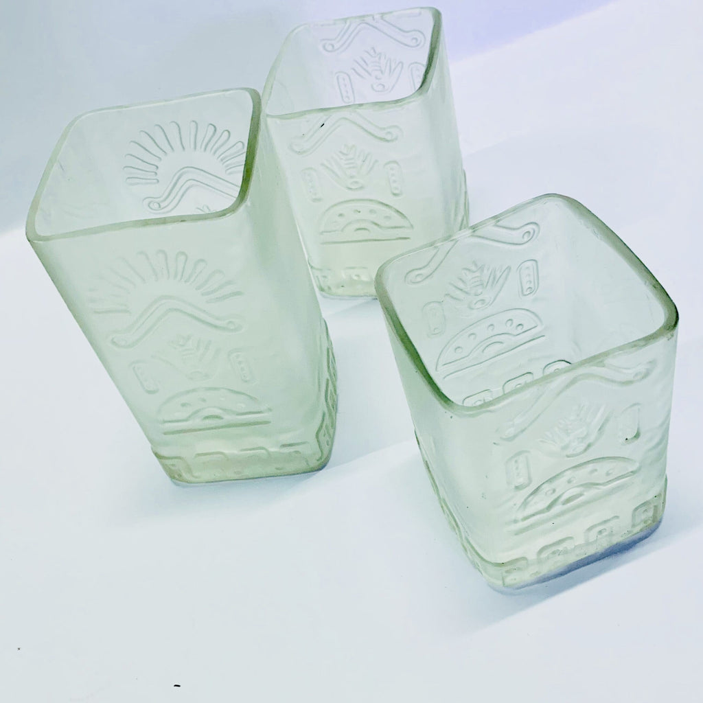 Frosted Olmeca square glass vase and 2 drinking tumblers