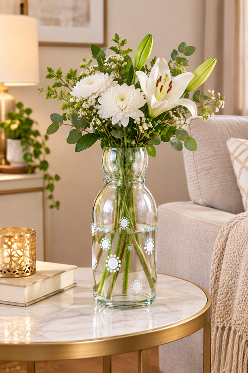 Clear camino vase/caraffe with white floral print