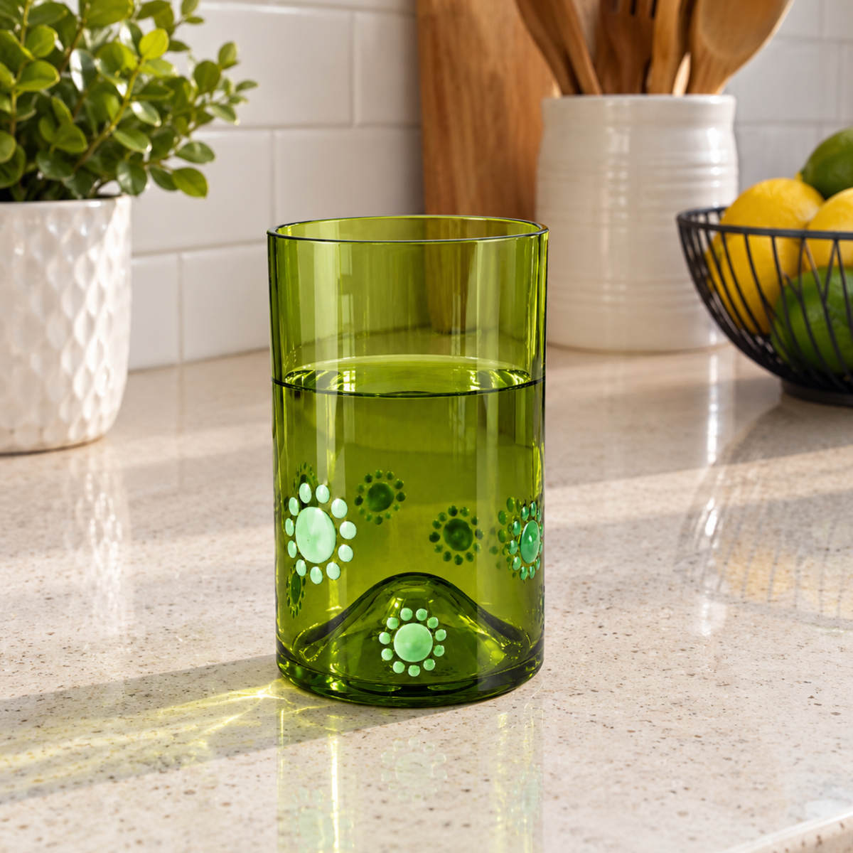 Short Green Water Tumbler With Multiple Green Dots